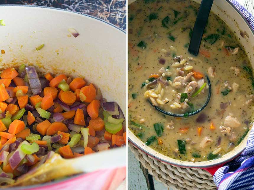 Collage of 2 images showing the vegetables cooking for a soup and also the finished chicken orzo soup with a ladle. 