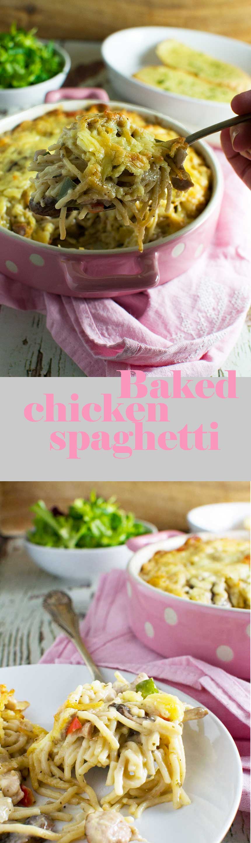 A pinterest pin for baked chicken spaghetti with a title on it.