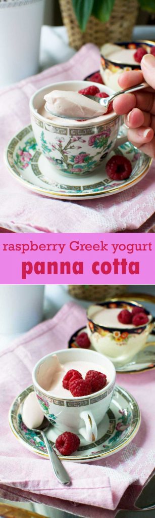 Pinterest pin for 3-ingredient raspberry Greek yogurt panna cotta showing the panna cotta in pretty tea cups.