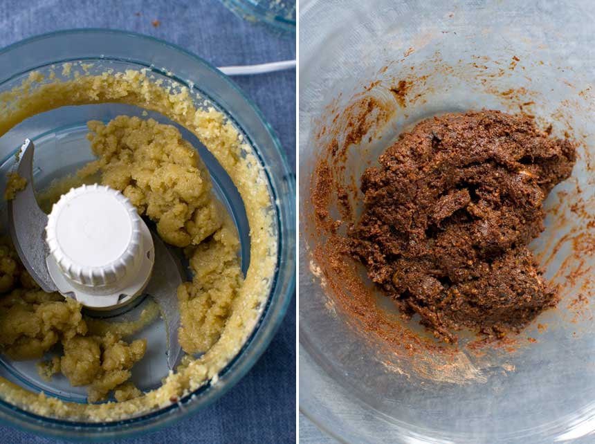 collage of 2 images showing how to make healthy chocolate orange truffles in a food processor bowl