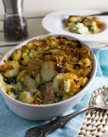 A delicious fish pie with a crispy crushed potato top