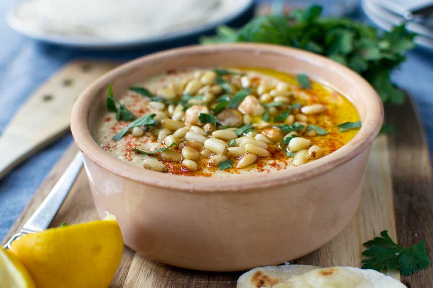 Quick Hummus With Pine Nuts And Paprika (With 2-ingredient Flatbread ...