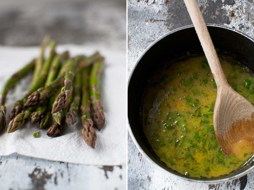 Collage of 2 images showing asparagus on kitchen paper and a saucepan of lemon butter sauce for salmon.