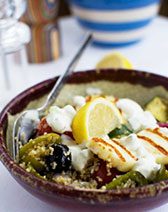One pan Greek couscous with halloumi