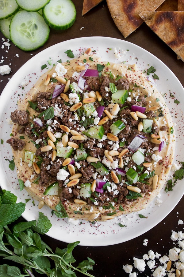 Greek gyro topped hummus from Nutmeg Nanny photographed from above