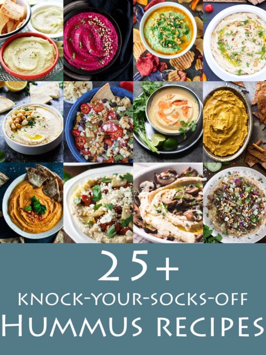 A Pinterest pin with the title 25+ knock-your-socks-off hummus recipes on it and a collage of images of hummus.