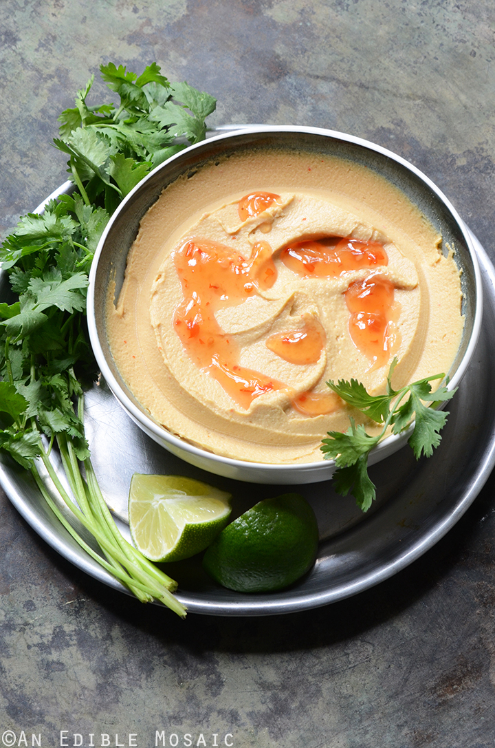 A bowl of food on a plate, with Hummus and Curry