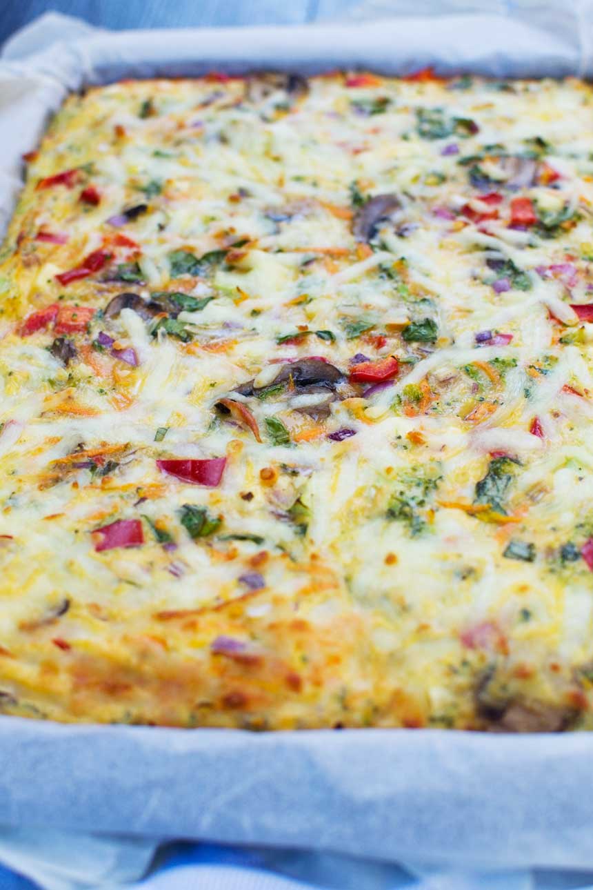 Closeup of the top of a sheet pan frittata.