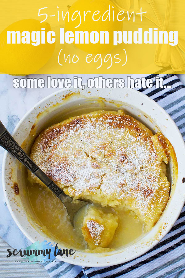 5-ingredient lemon pudding (no eggs) with a spoon in it for Pinterest