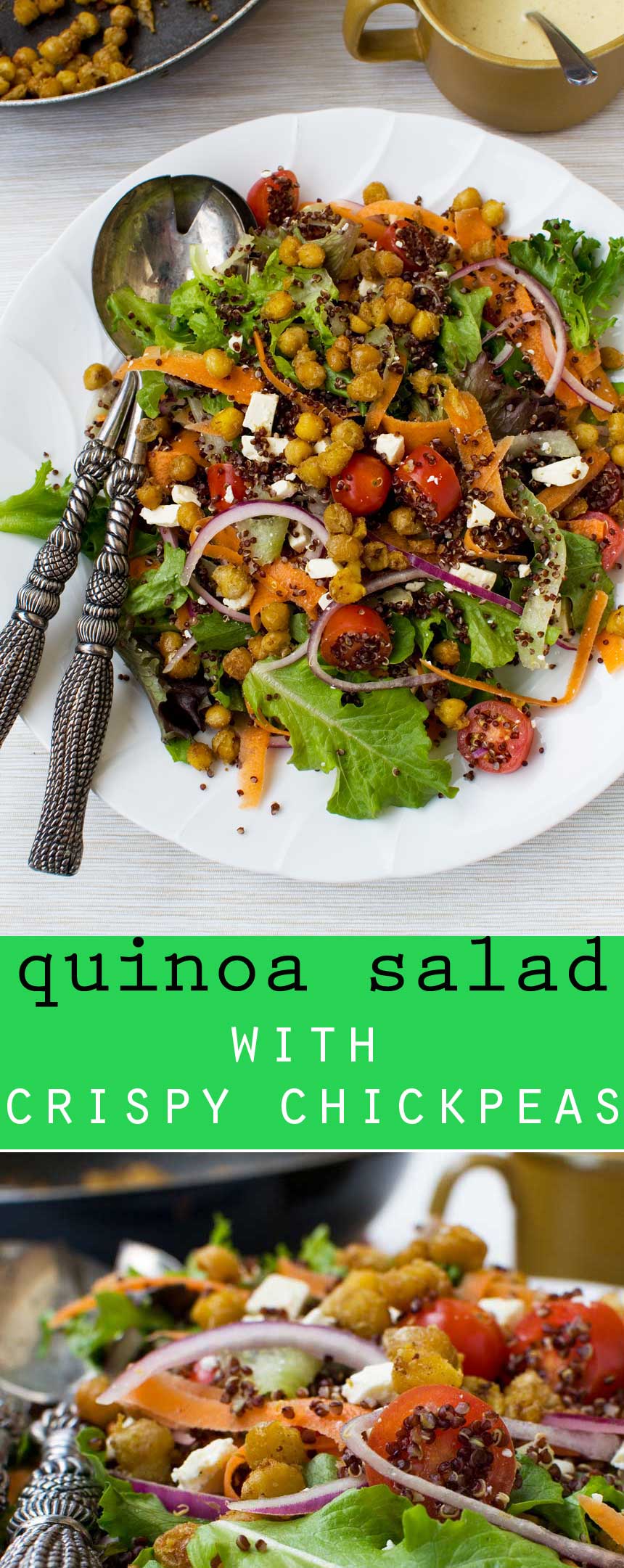 Quinoa salad with crispy chickpeas from above with salad servers and a title for Pinterest.