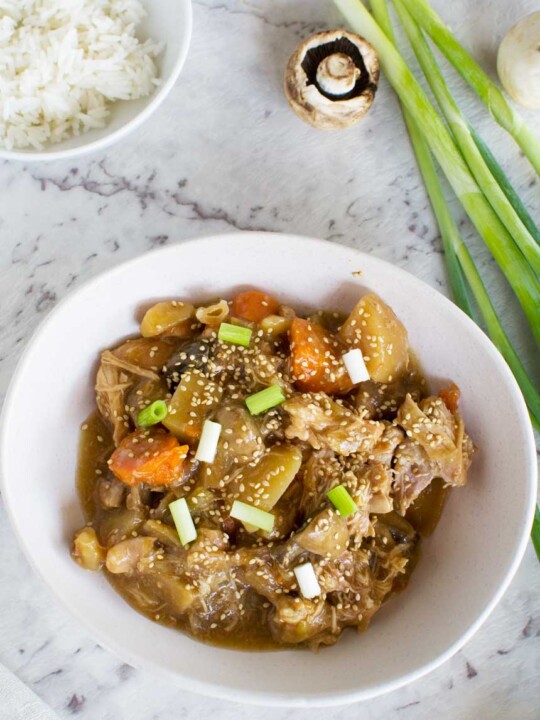 Slow cooker Korean chicken in a white bowl from above with ingredients.