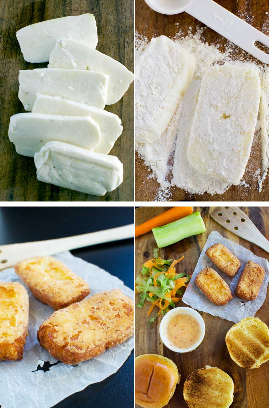 Collage of 4 images showing how to cook the halloumi for crispy halloumi burgers with sweet chilli mayonnaise.