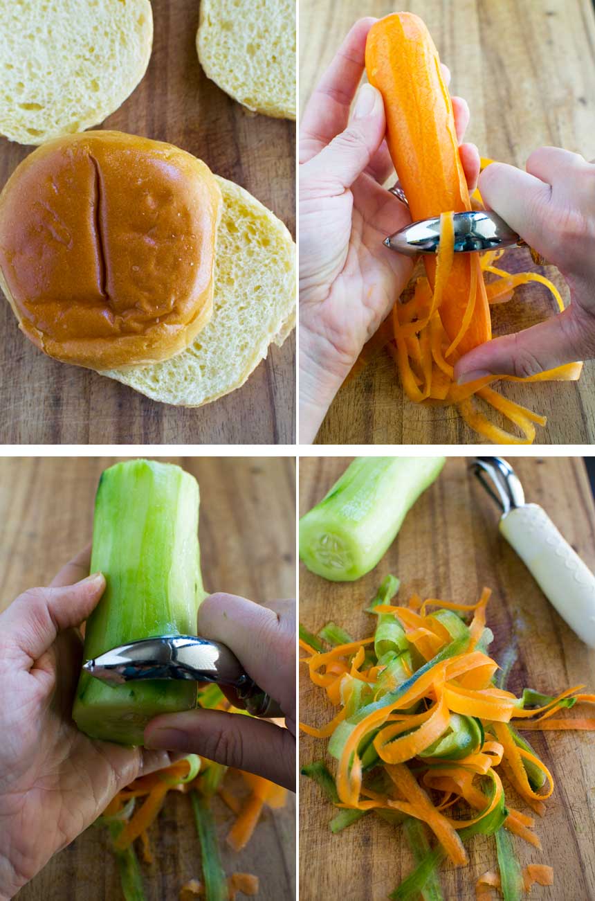 Collage of 4 images showing how to cut ribbons of carrot and cucumber for crispy halloumi burgers with sweet chilli mayonnaise