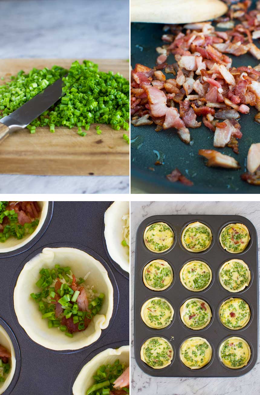 A collage of 4 images showing the process of making mini quiche lorraine including cooking the ingredients and assembling the quiches.