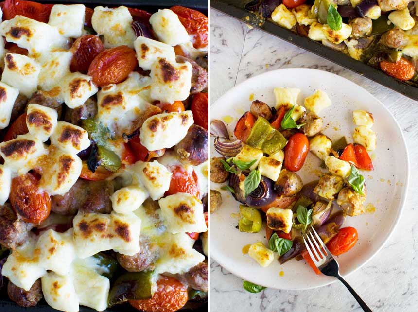 Collage of 2 images showing easy baked gnocchi with sausage, peppers and tomatoes on a baking tray with melted mozzarella and on a white plate with a fork from above.