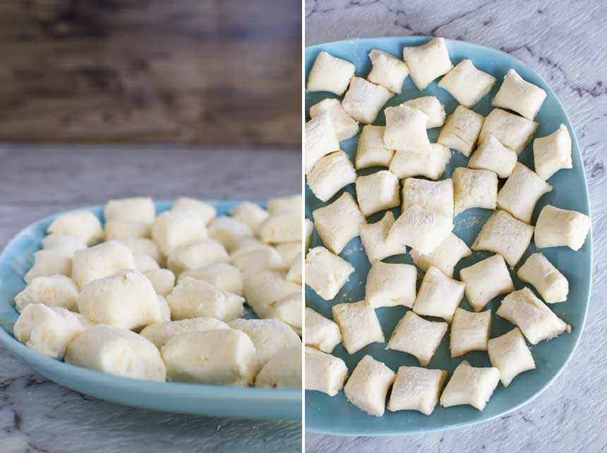 Collage showing raw homemade ricotta gnocchi on a blue plate and marble background.