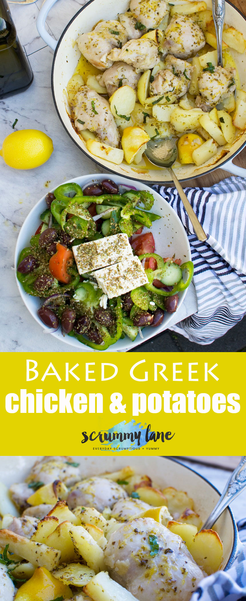 Serve this simple baked Greek chicken & potatoes with a huge traditional Greek salad (see my blog for recipe!) and you'll be in Greek food heaven!
#chicken #Greekfood #Greece #Greeksalad #scrummylane #potatoes #onepotmeals