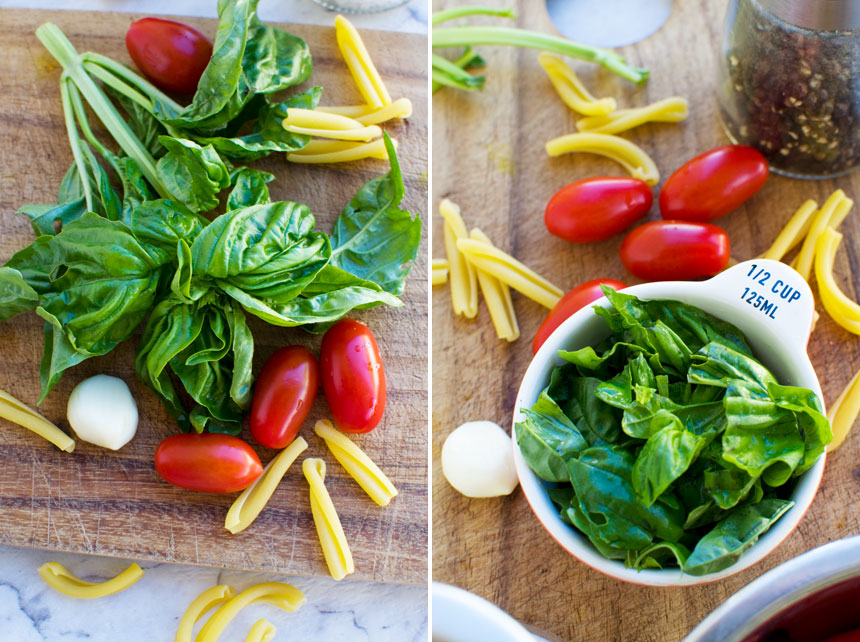 collage of 2 images showing fresh ingredients for cherry tomato pasta.