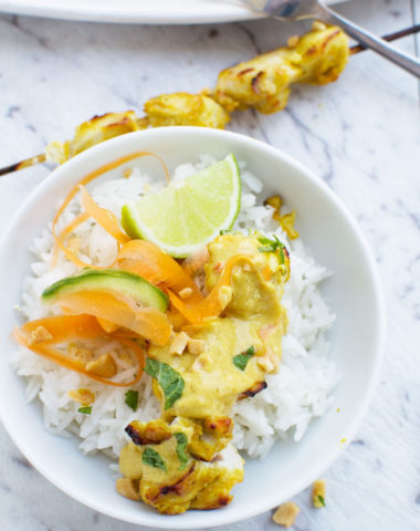 Chicken satay skewers with peanut sauce