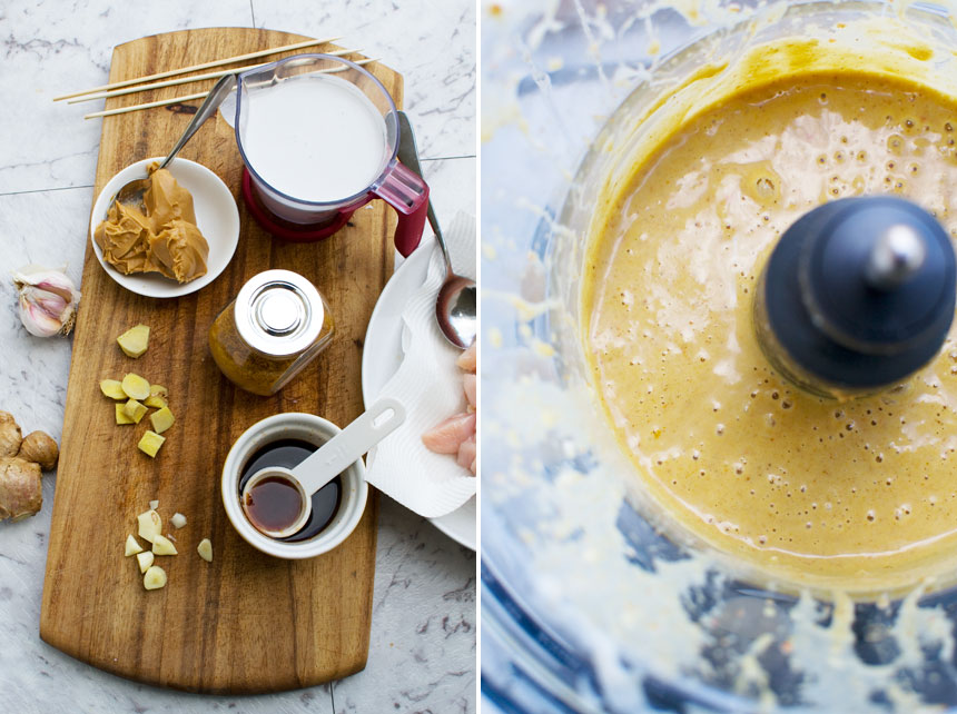 collage of 2 images showing ingredients for chicken satay skewers and a food processor of satay sauce from above.