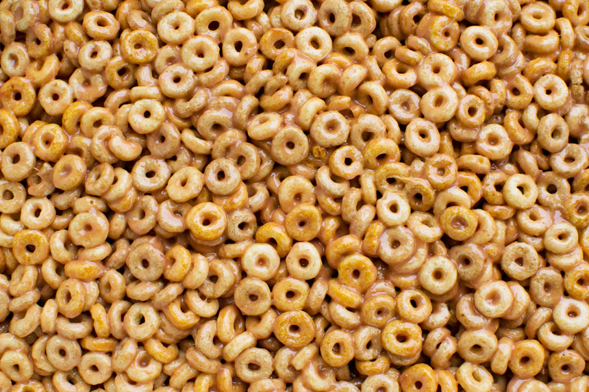 The top surface of peanut butter cheerio bars from above without chocolate on