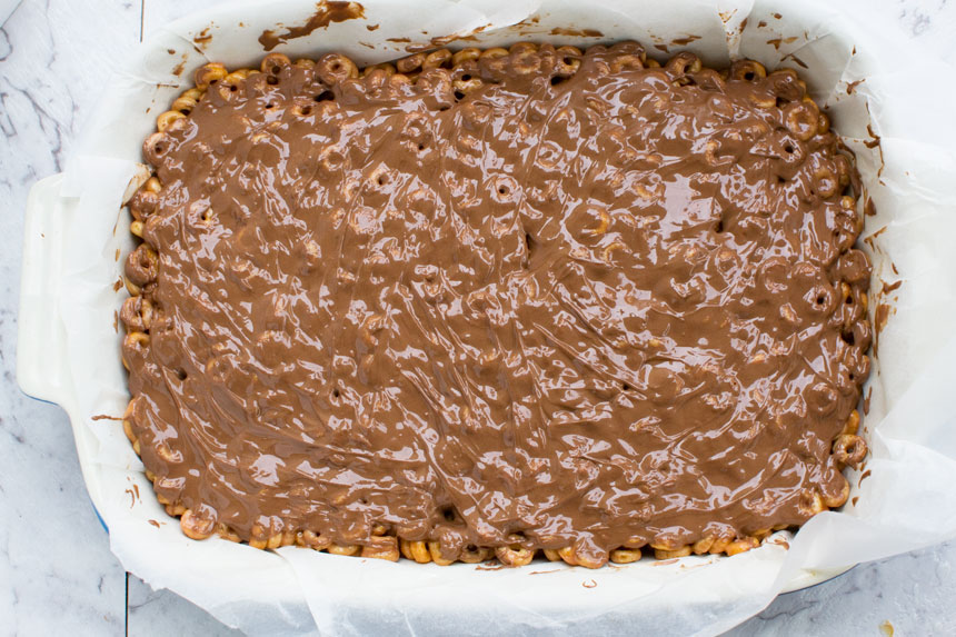 Peanut butter cheerio bars in the pan from above