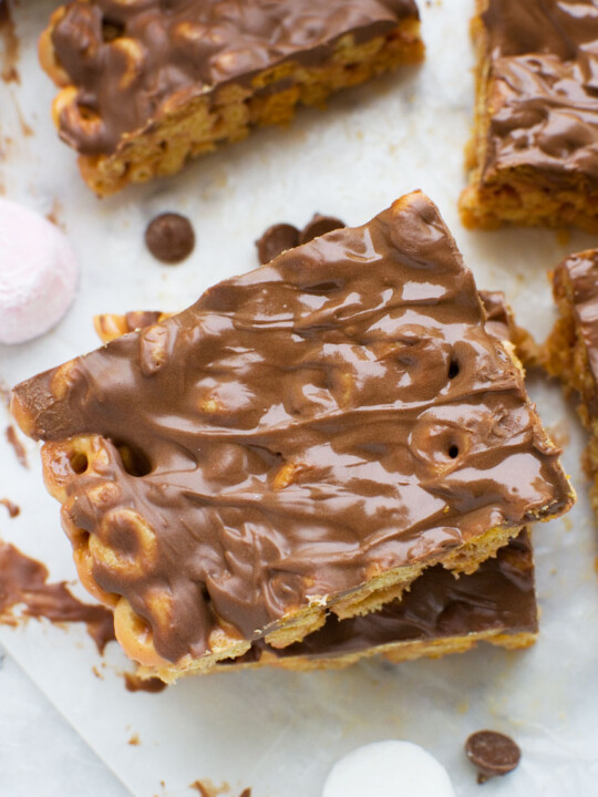 Addictive peanut butter Cheerio bars stacked - image from above