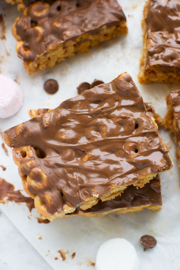 Addictive peanut butter Cheerio bars stacked - image from above