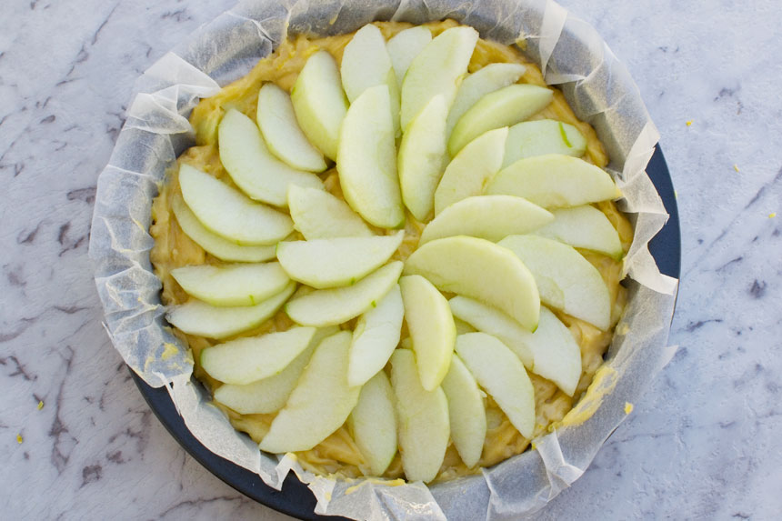 easy apple cake (torta di mele) before it goes in the oven from above 