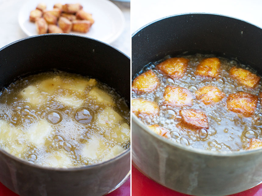 frying fried halloumi bites in a pan with oil (collage of 2 images before and after frying)