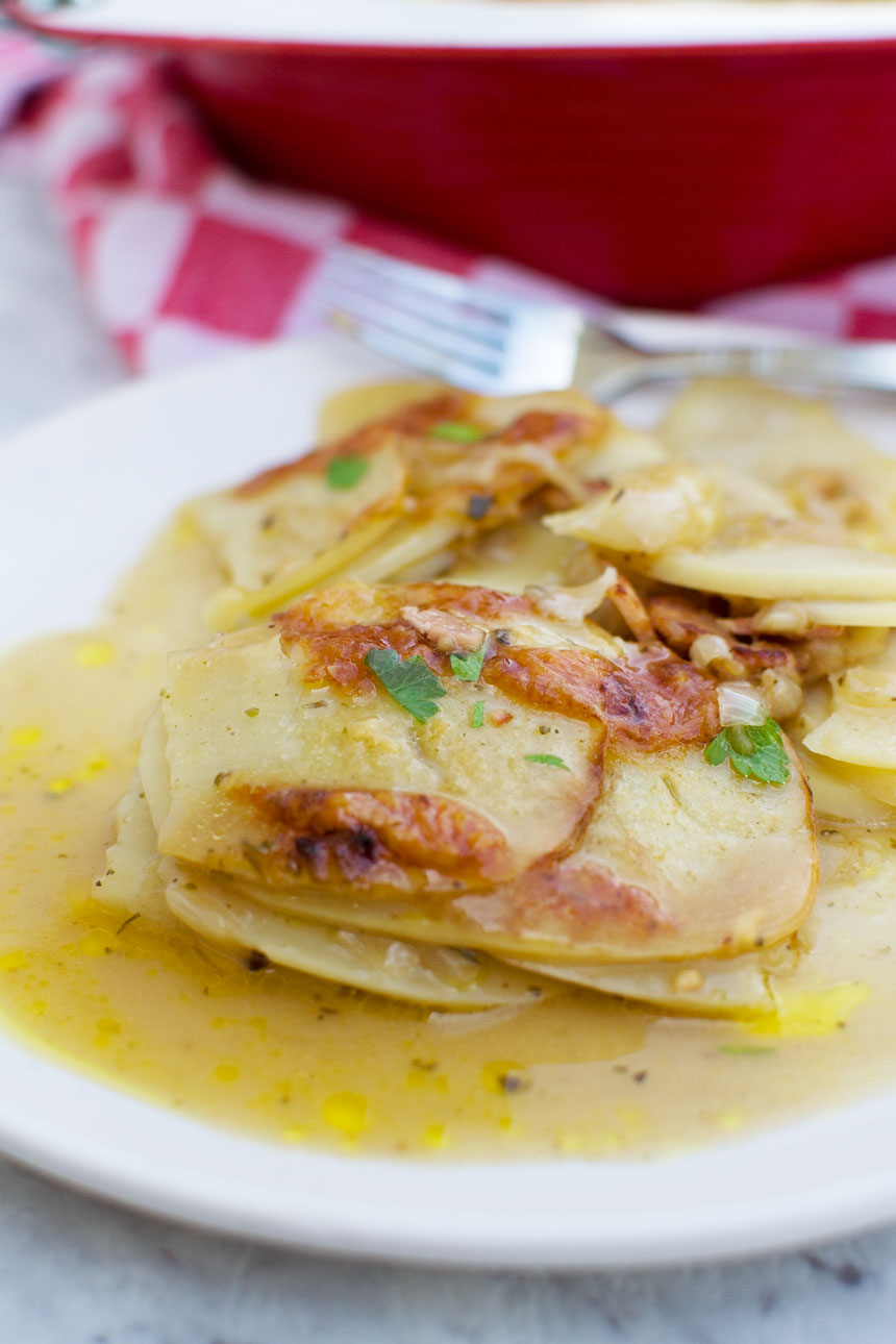 closeup of Potato bake with bacon on a plate 