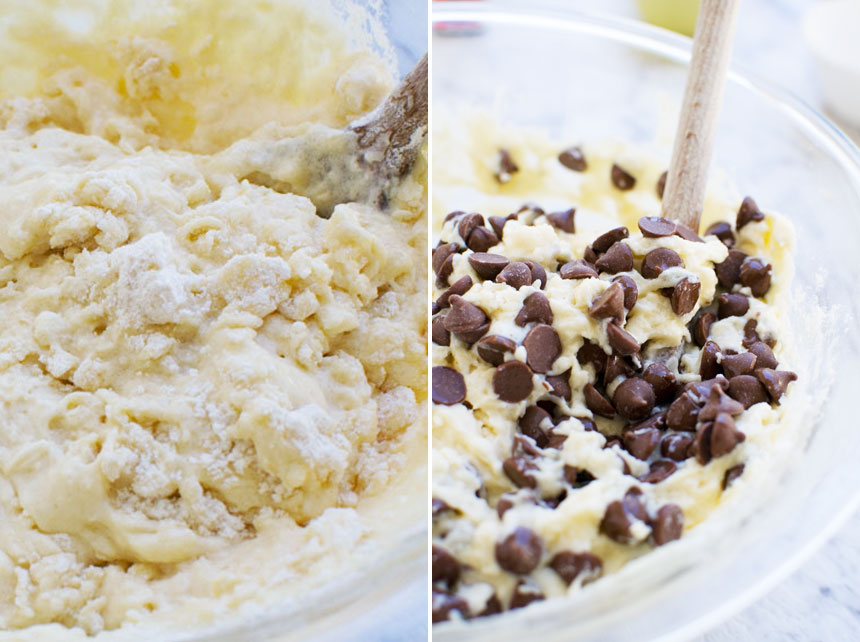 collage of 2 images showing stirring the choc chips through the batter for Greek yogurt choc chip muffins