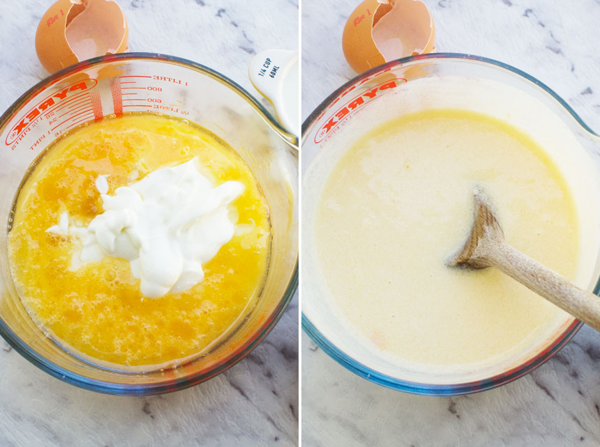 collage of 2 images showing Making  the batter for Greek yogurt chocolate chip muffins