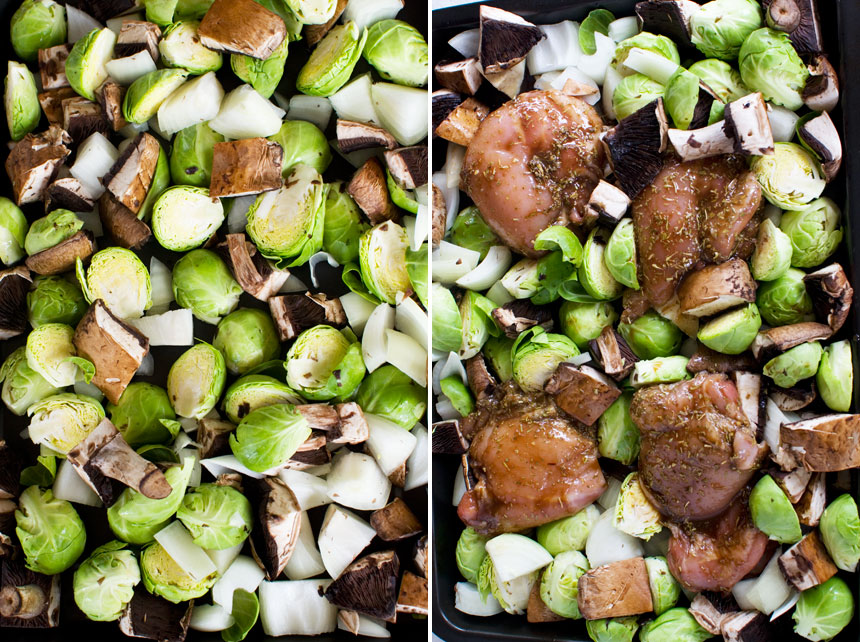 collage of 2 images showing ingredients for honey balsamic chicken on baking tray