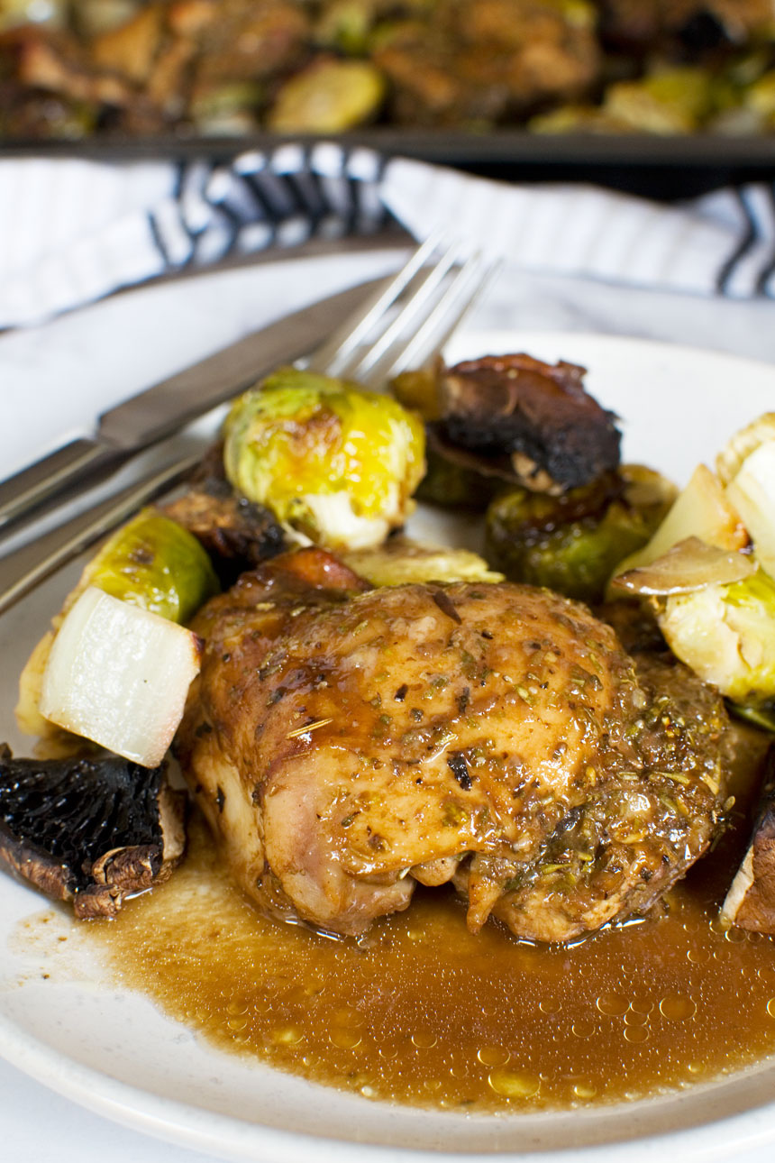Sheet Pan Chicken And Brussel Sprouts (With Honey Balsamic Sauce)