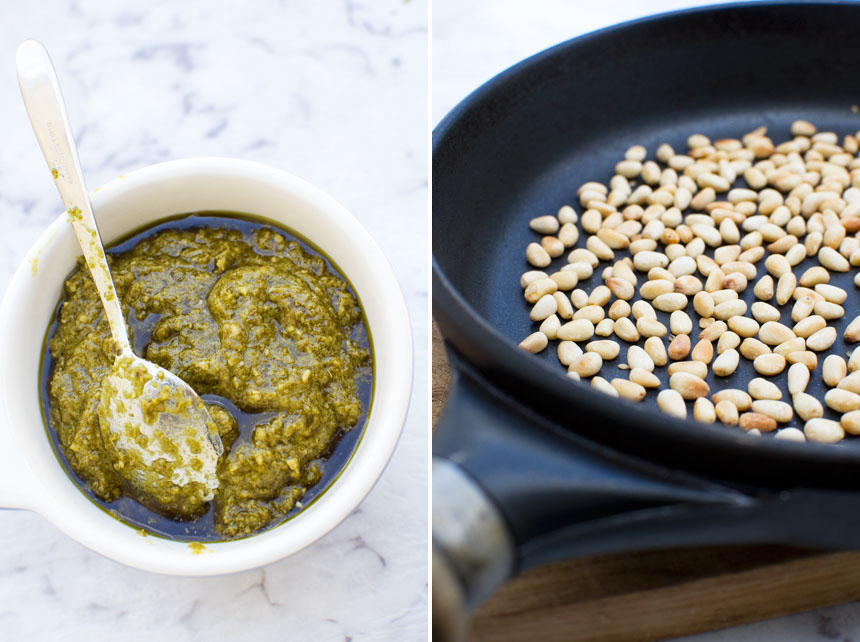 2 images showing part of the process of how to make the pesto for mediterranean penne pasta salad