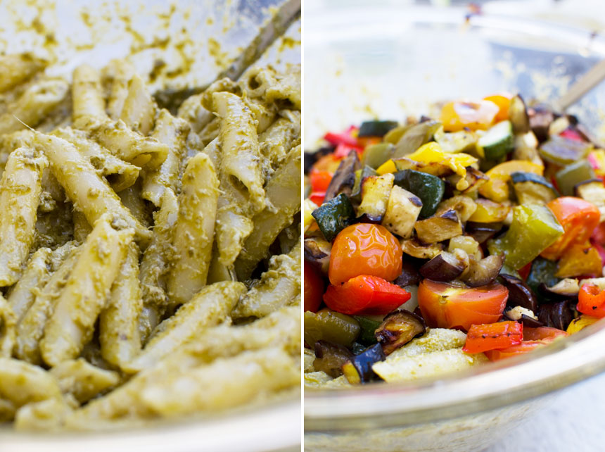 collage of 2 images showing process for making Mediterranean penne pasta salad