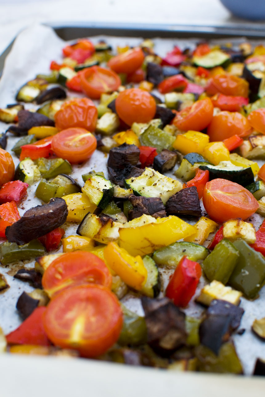 Roasted vegetables for Mediterranean penne pasta salad