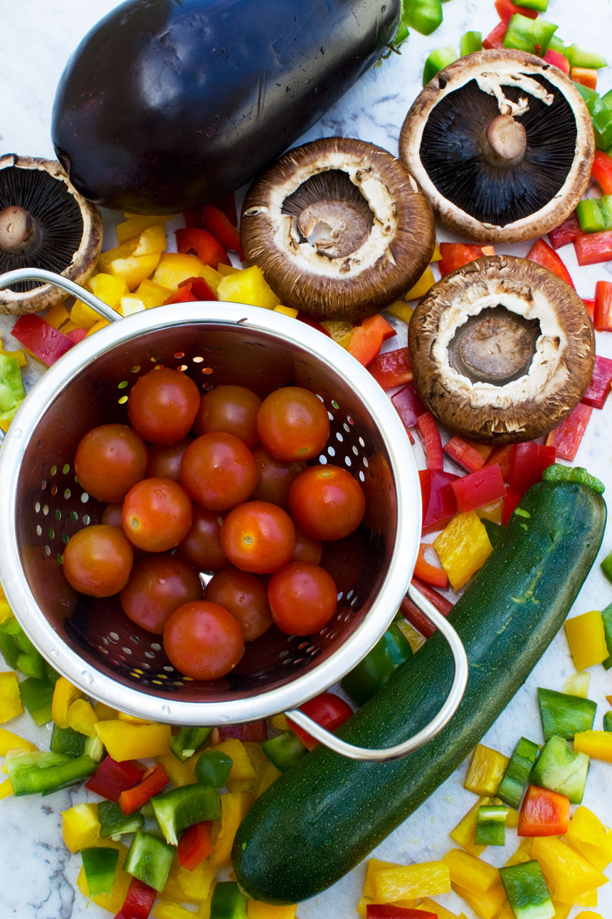 Birds eye view of the Mediterranean vegetables used to make mediterranean penne pasta salad