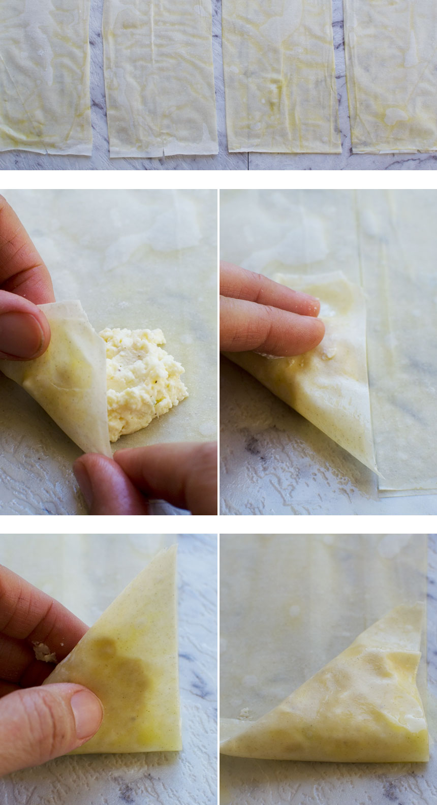 Collage of images showing how to make mini Greek cheese pies 