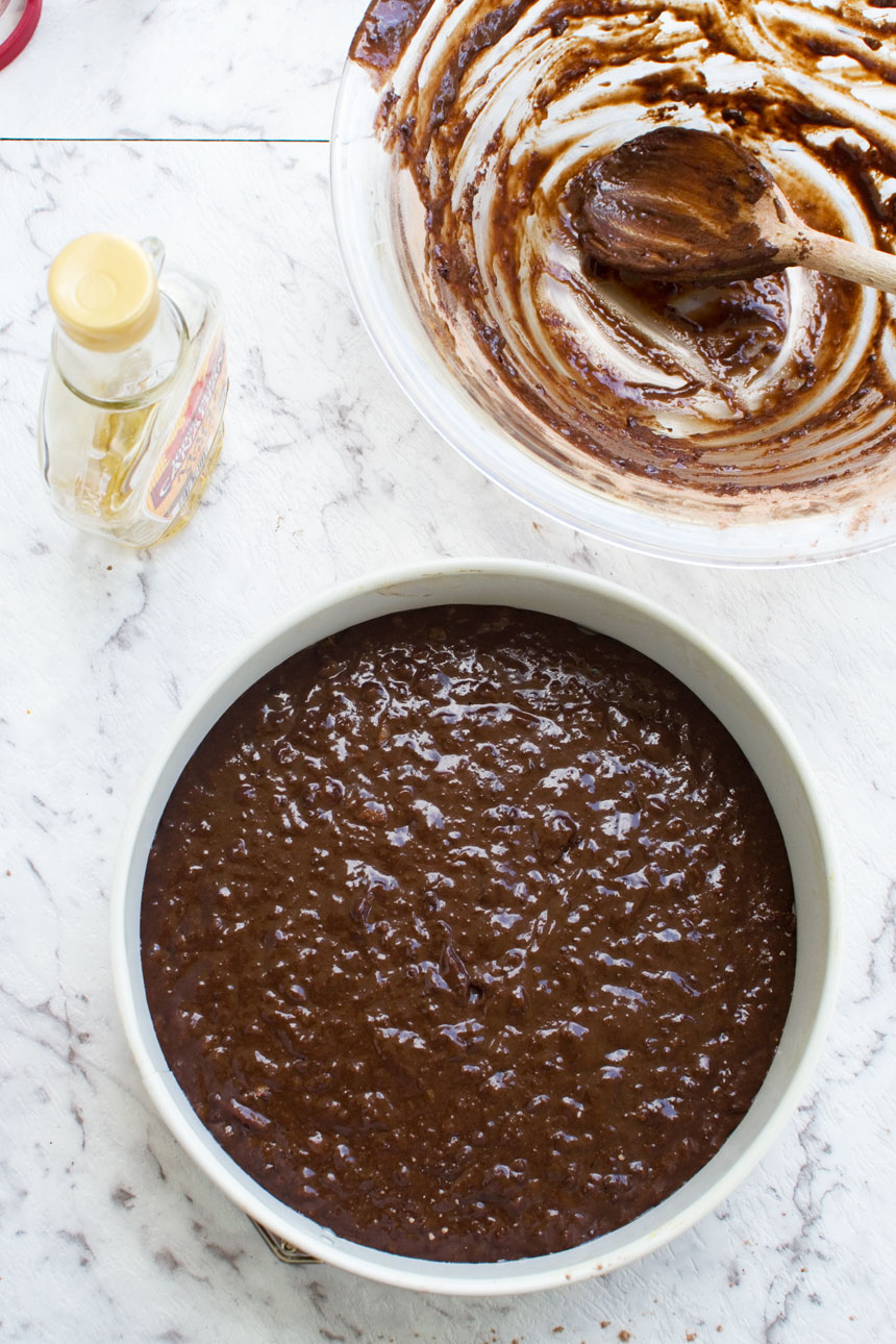 Unbaked 30 minute healthy chocolate cake from above - ready to go in the oven