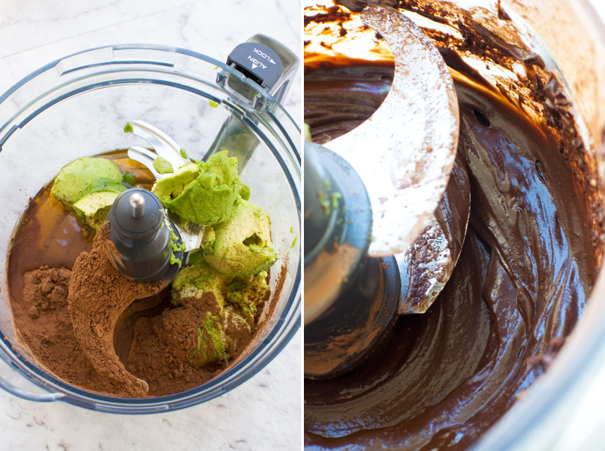 2 images showing how to make healthy chocolate frosting for a chocolate cake in a food processor