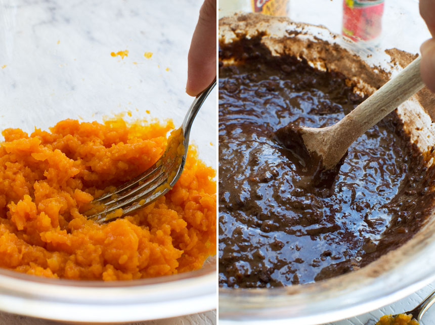 Collage of 2 images showing how to make the batter for a healthy chocolate cake