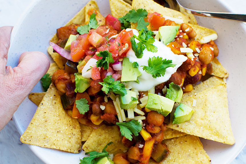 Loaded Vegan Nachos with Black Beans and Spicy Chickpeas