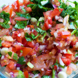 Closeup of a dish of 10 minute tomato salsa from above