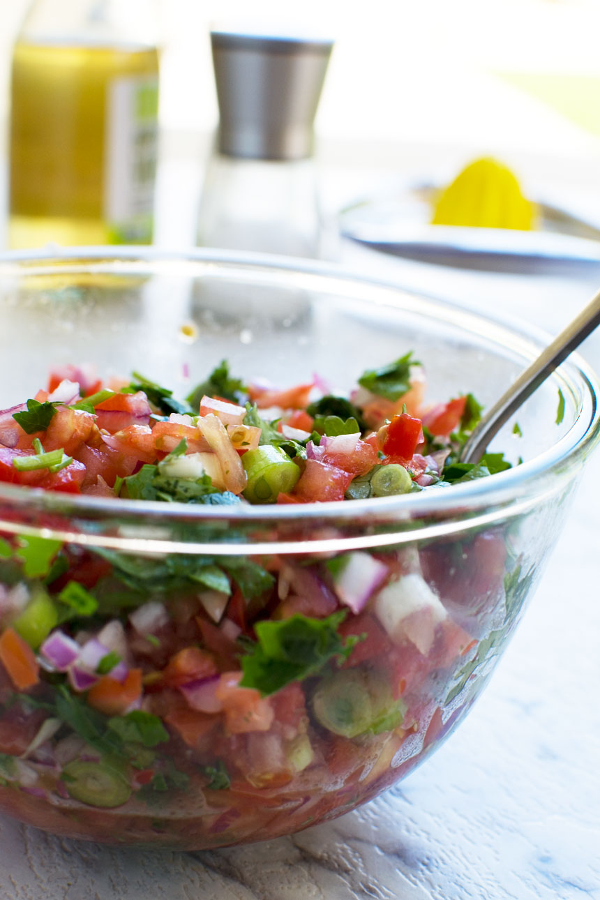 bowl of 10 minute tomato salsa from straight on