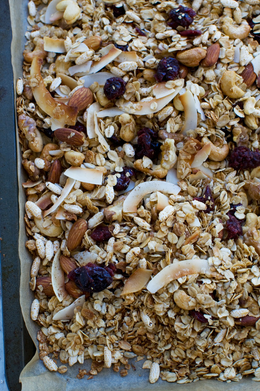 A close up of homemade granola on a baking tray