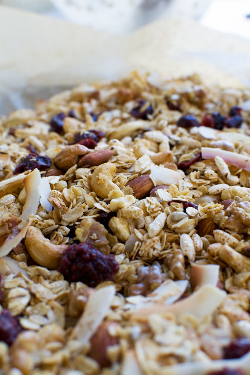 A close up homemade granola on a baking tray