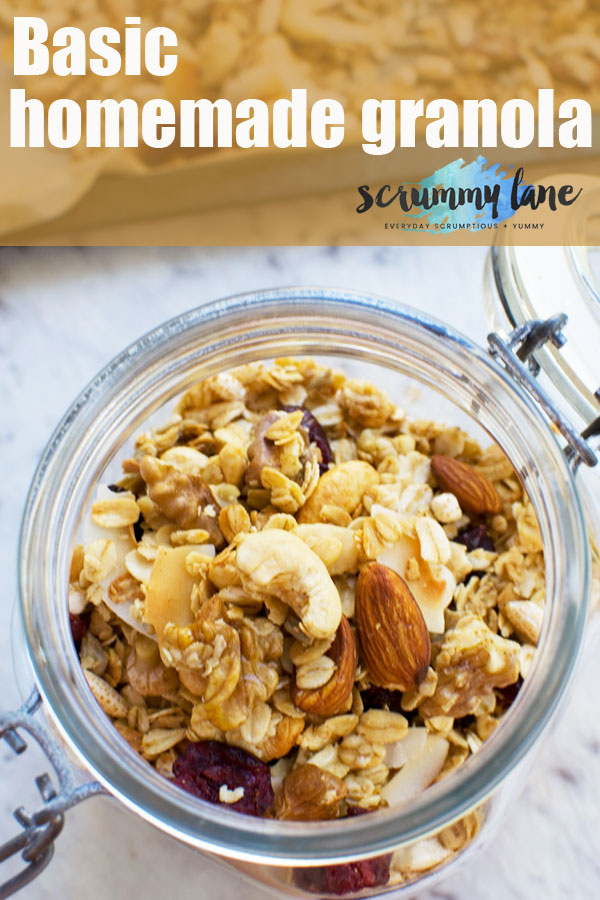 Overhead image of a jar of granola with a title on for Pinterest