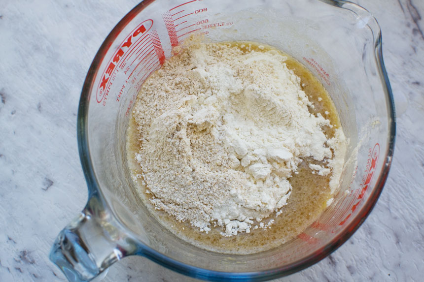 Ingredients for making Quick and easy mini banana bread in a Pyrex jug from above